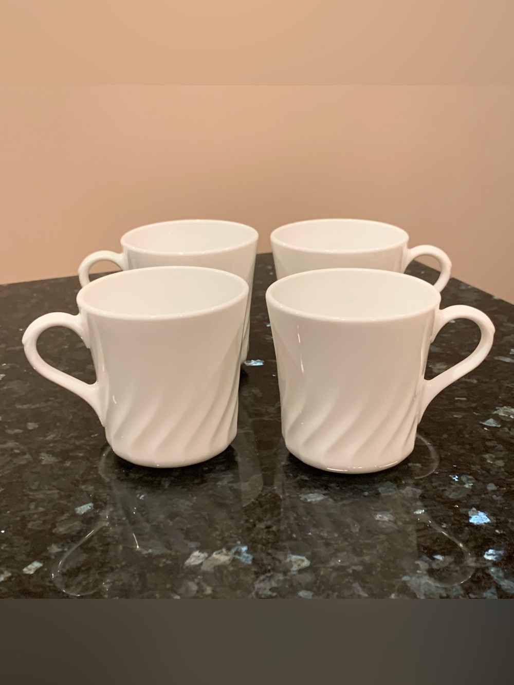 Vintage Corelle White Swirl Wave Mugs Set of 4 - Corning USA Coffee Cups